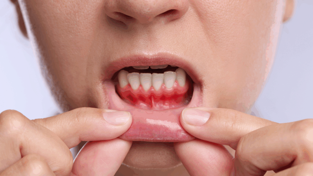 Jama ustna z widocznym zapaleniem dziąseł – obrzęk, zaczerwienienie i krwawienie